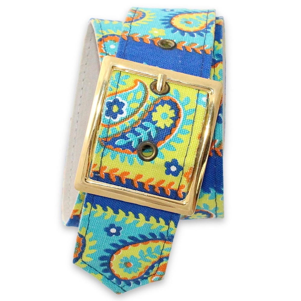 Vintage Fabric Belt Women’s Multicolor Floral Paisley Retro Preppy Blue Green